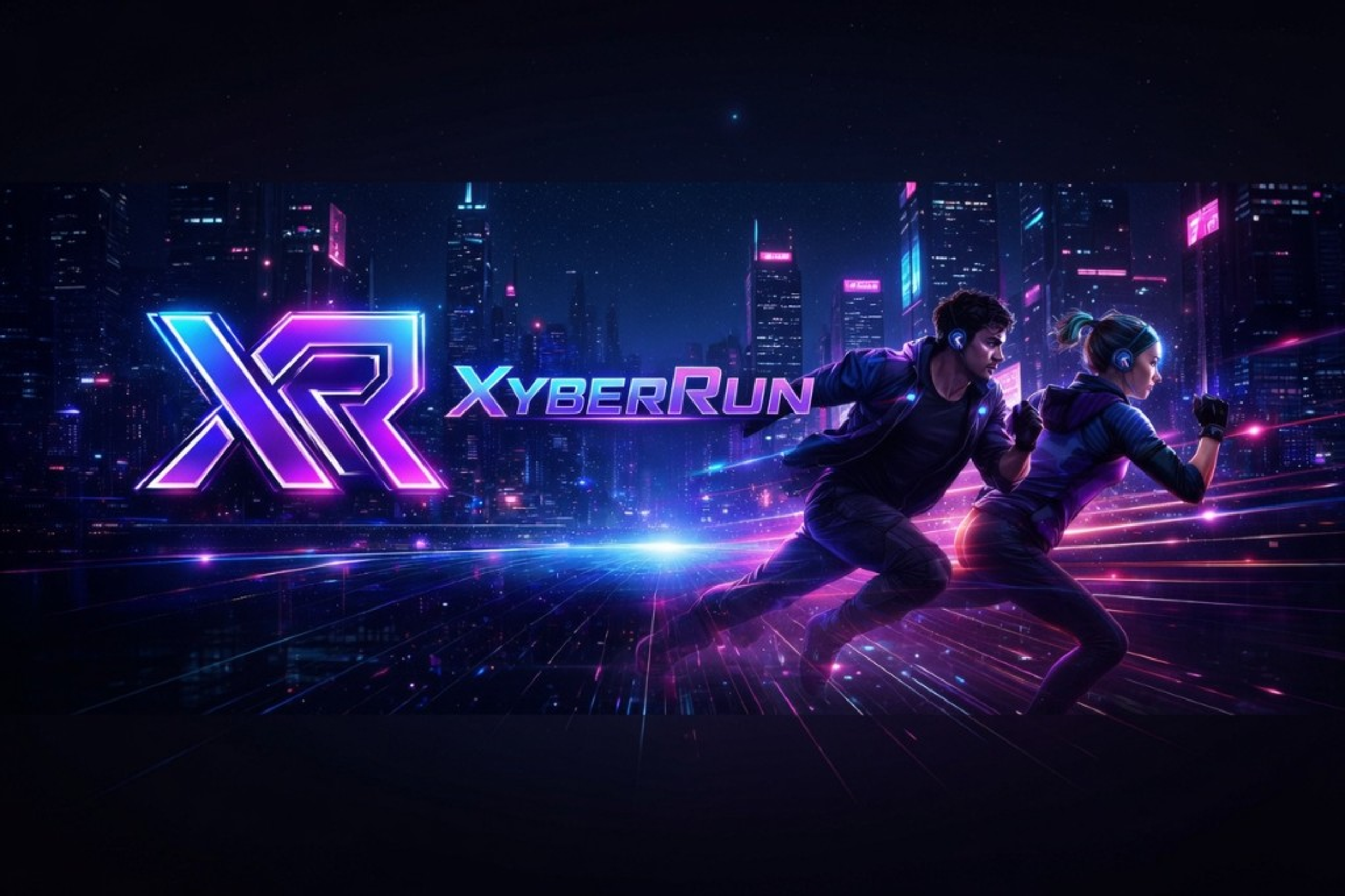 XyberRun — full header lockup with XR monogram, wordmark, and runners on the Neon Grid